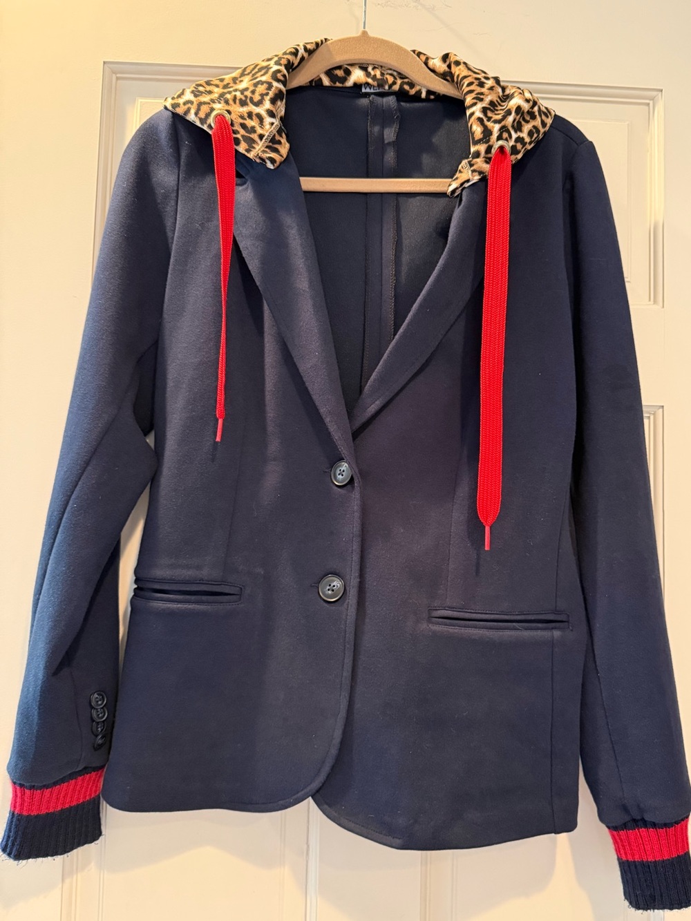 Miller Wendy Navy Blazer with Leopard-Trim Hood and Red Accents